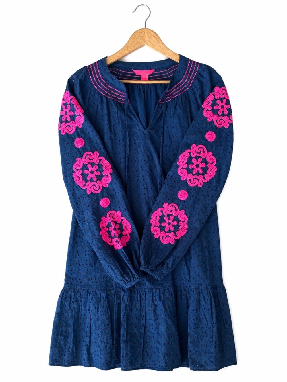 Lilly Pulitzer Lucee Navy Pink Embroidered Eyelet Shift Dress, Size Medium - Picture 5 of 9